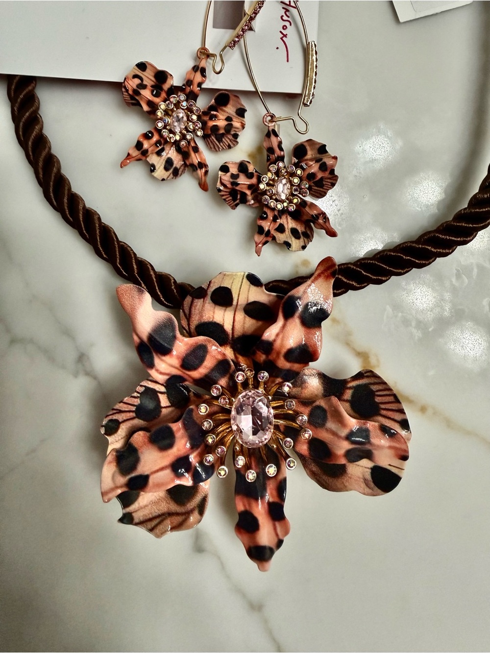 Betsey Johnson Brown & Black Leopard Flower Necklace with Matching Earrings - Picture 5 of 8